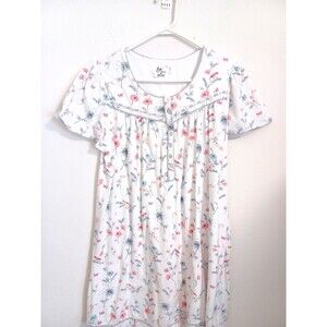 Aria Nightgown Womens M Pink Blue Floral Gingham Embroidered Shortsleeve Cotton